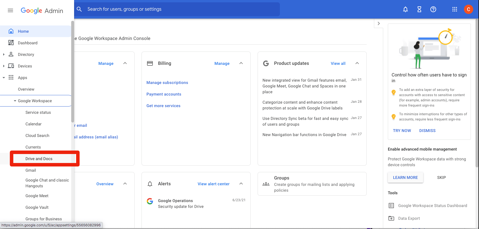 Google Admin Console showing Apps > Google Workspace > Drive and Docs menu selection